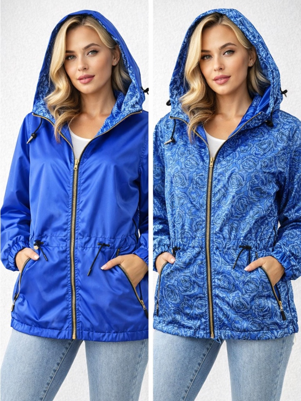Edelweiss Skiwear Women Reversible Blue Rose Print Hooded Jacket Nylon S NWOT